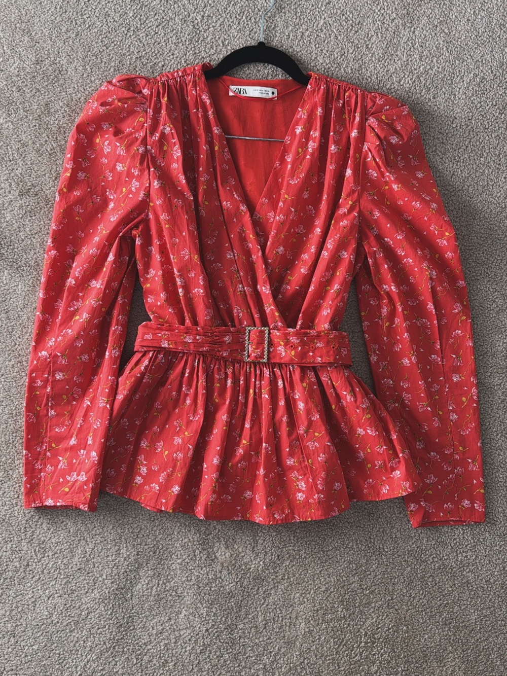 Zara Coral-Red Floral Wrap Blouse